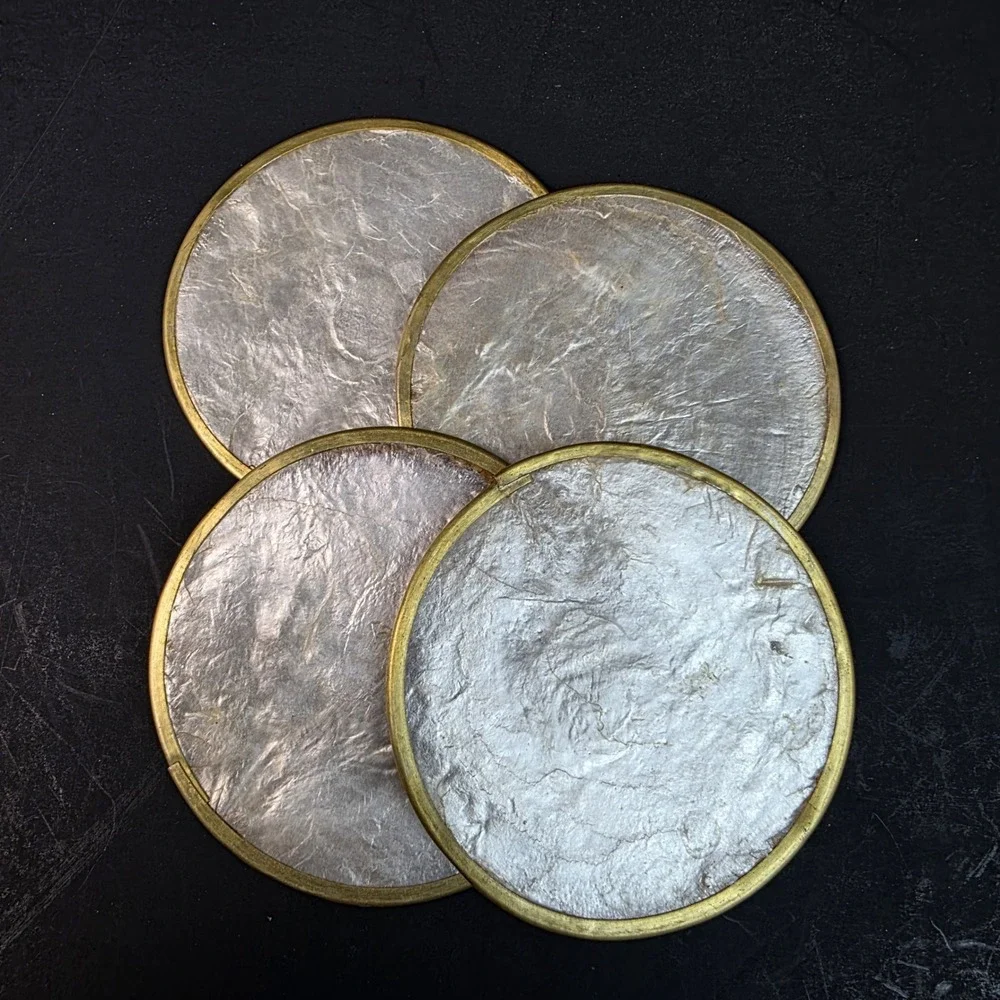 Vintage Capiz Shell Coasters Brass Rim Cork Back Set of 4 Gold Iridescent 3in
